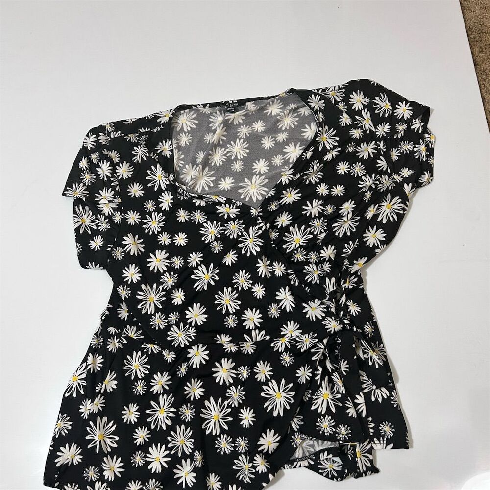 AUW Women's Floral Wrap Blouse Black V-Neck Short Sleeve XL